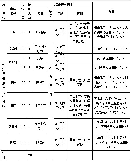 金寨縣縣域醫(yī)共體分院2024年公開招聘 “縣管鄉(xiāng)用”衛(wèi)生專業(yè)技術(shù)人員職位表